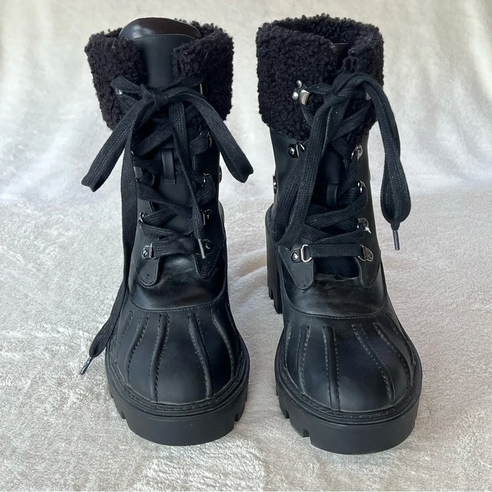 Steve Madden Boots Northern Winter Faux Fur Trim Lug Soles Black SIZE 7 New